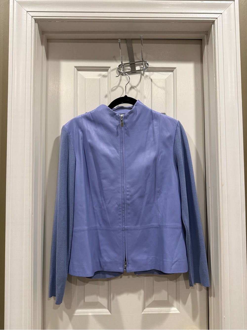 Doncaster Periwinkle Leather Jacket with Knit Sleeves/back